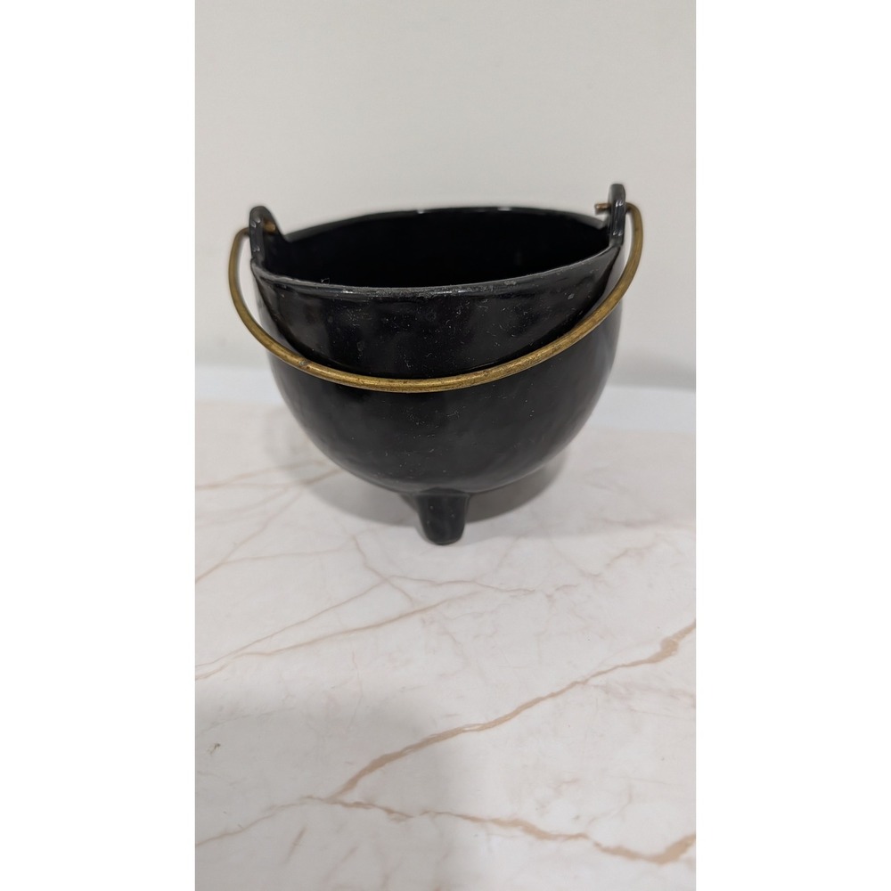 Vintage Cast Iron Cauldron 4" Miniature Tripod Pot Brass Handle Black Halloween